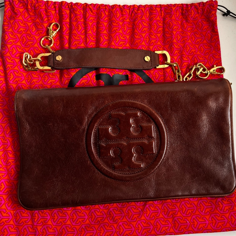 Tory Burch Foldover - Brown Leather, Gold Chain Strap, Dust Bag